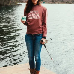 Happy Camper Sweatshirt -Clothing Online Store Cabin Coffee and Campfire on dock finished 700x 1