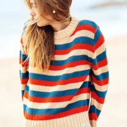 The Chatham Striped Sweater -Clothing Online Store Meg in the Chatham Stripe Sweater on the beach at ocean house 3 scaled